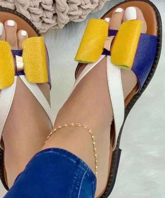 Yellow Peep Toe Faux Leather Splicing Bow Slide Sandals