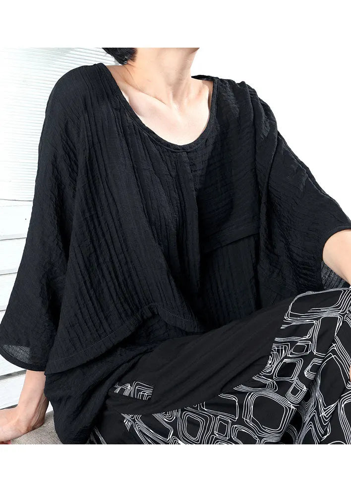 Black O-neck Wrinkled Blouses Half Sleeve