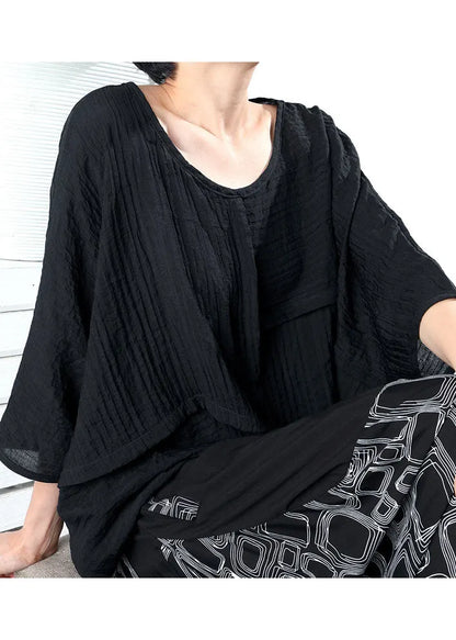 Black O-neck Wrinkled Blouses Half Sleeve