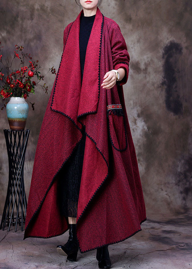 Red Peter Pan Collar Asymmetrical Design Pockets Cashmere Coats Spring