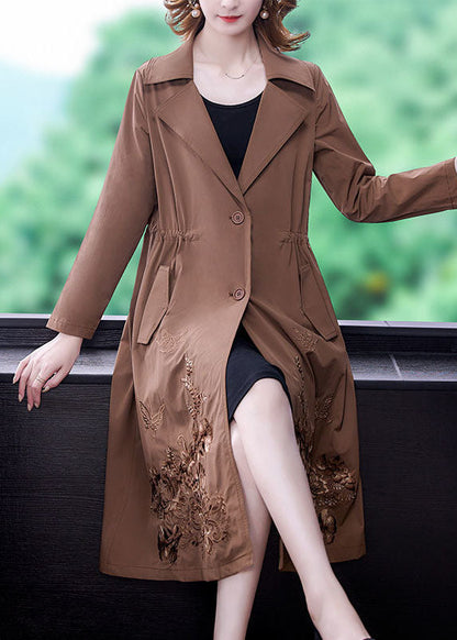 Khaki Spandex Cinch Trench Coat Notched Collar Fall