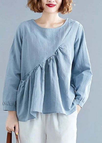 Light Blue O-neck Patchwork Ruffles Cotton Shirts Spring
