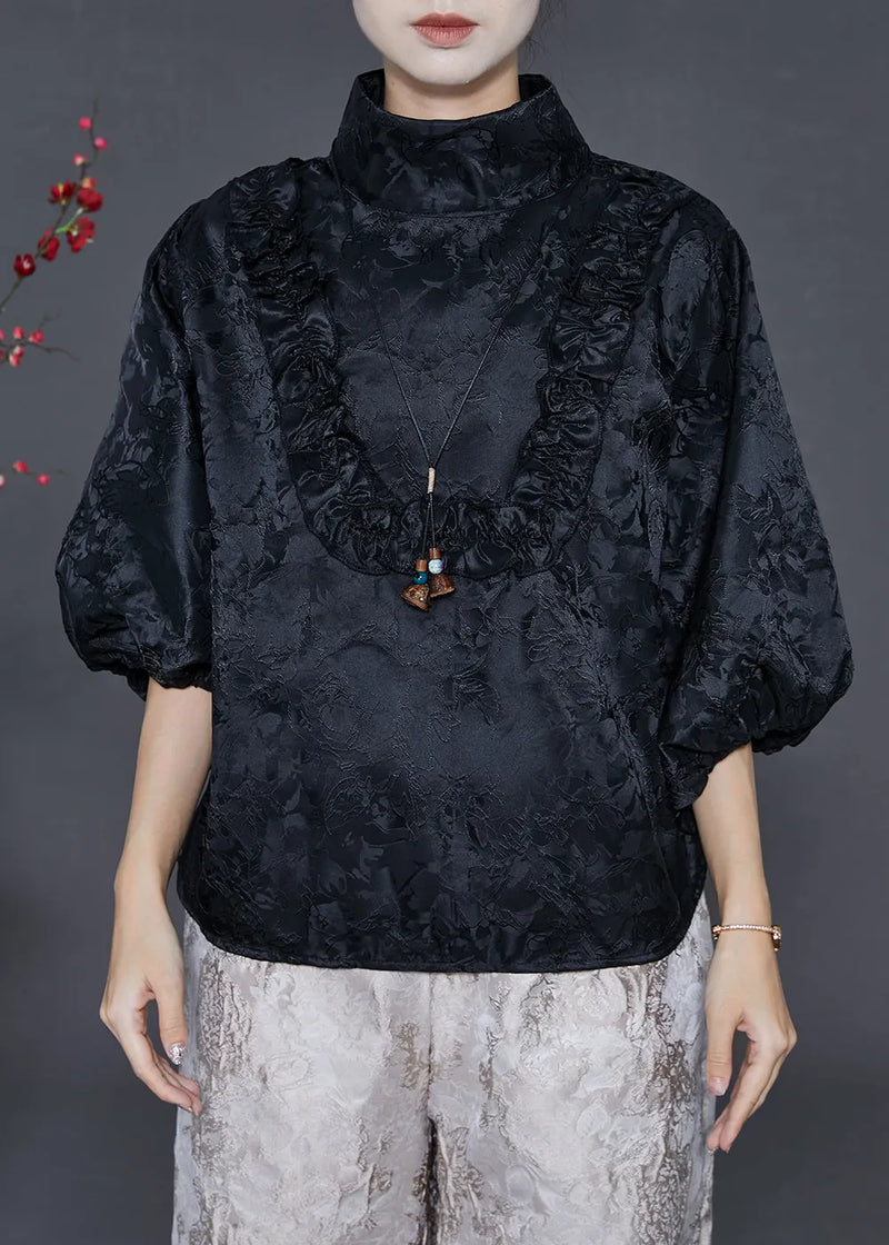 Stylish Black Stand Collar Ruffled Jacquard Silk Shirts Summer