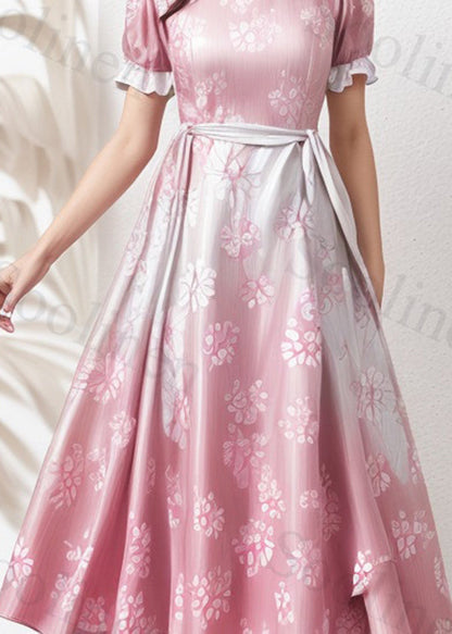 Unique Gradient Pink Ruffled Print Loose Silk Dresses Summer