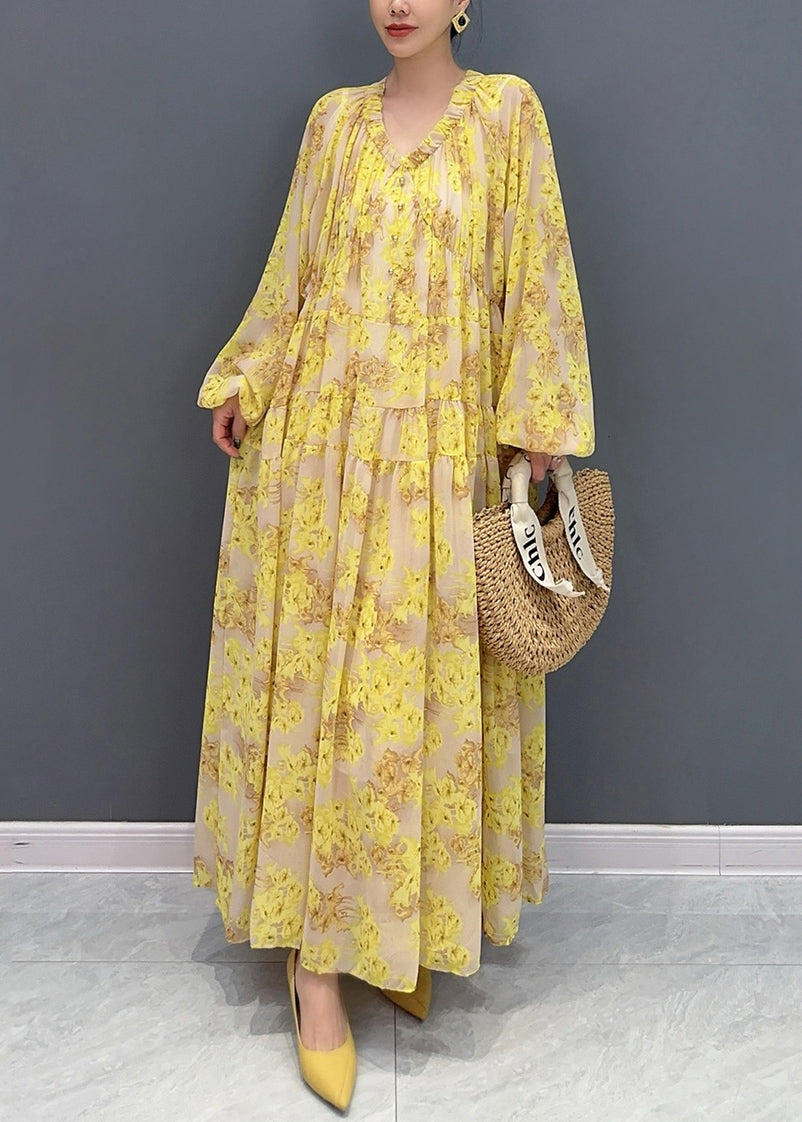 Yellow V Neck Ruffled Print Chiffon Long Dresses Fall