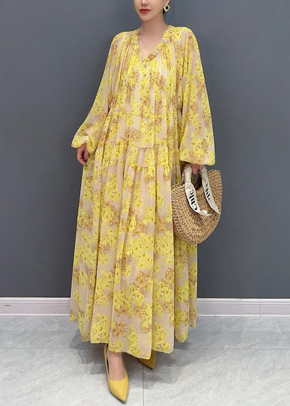 Yellow V Neck Ruffled Print Chiffon Long Dresses Fall