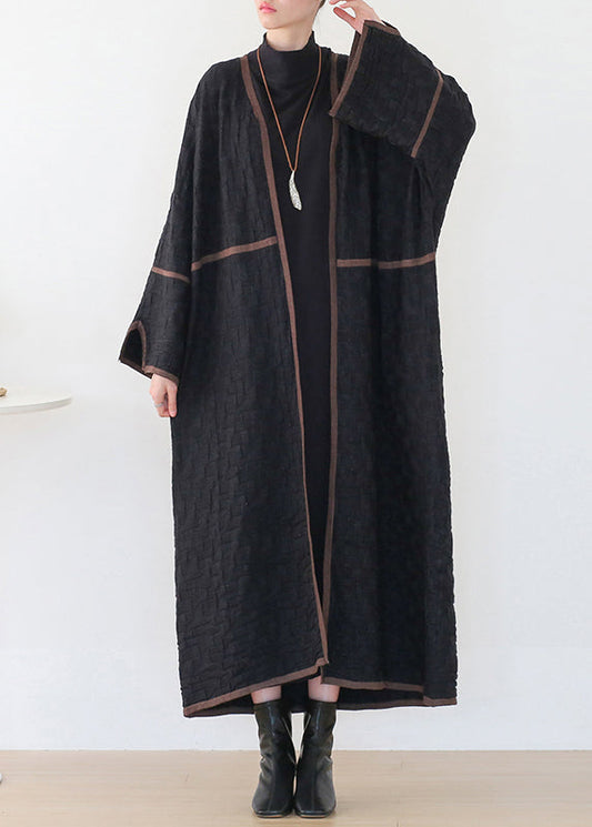 Black V Neck Patchwork Woolen Trench Coats Long Sleeve