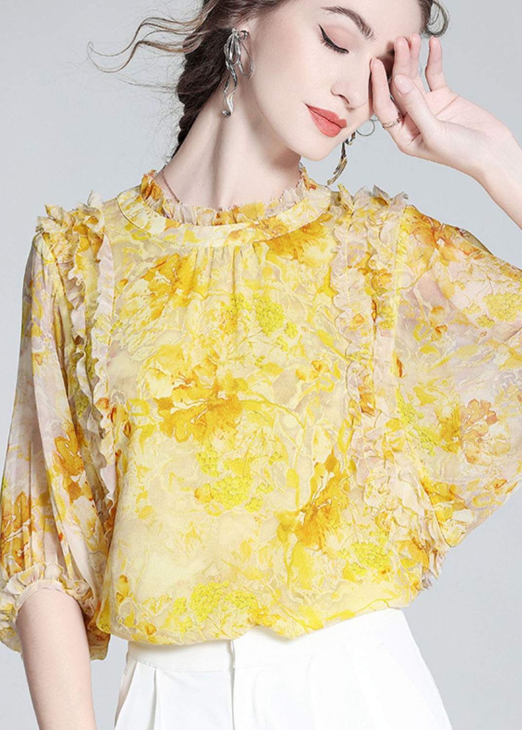Yellow Ruffled Print Silk Blouse Tops Bracelet Sleeve