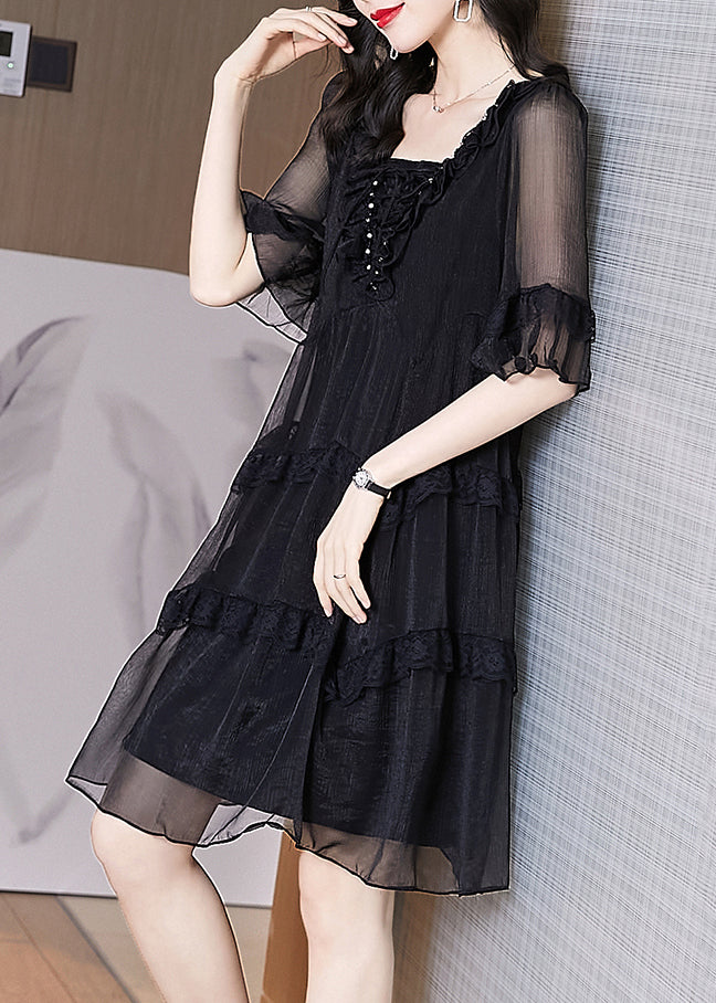 Black Ruffled Patchwork Chiffon Dress Summer