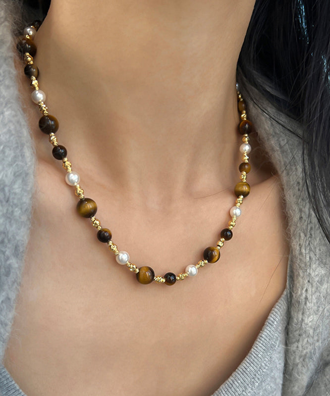 Gold Pearl Cat's Eye Stone Gratuated Bead Necklace