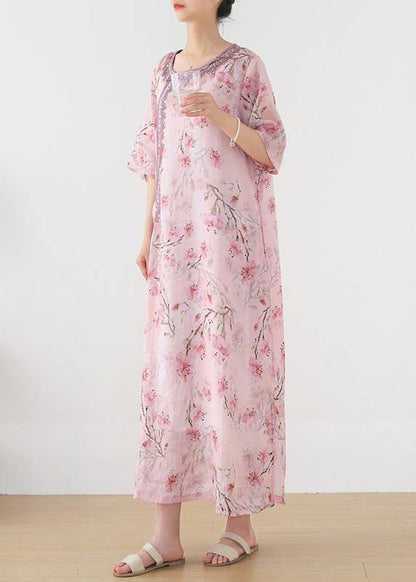 Stylish Pink Print Oriental Summer Linen Dress