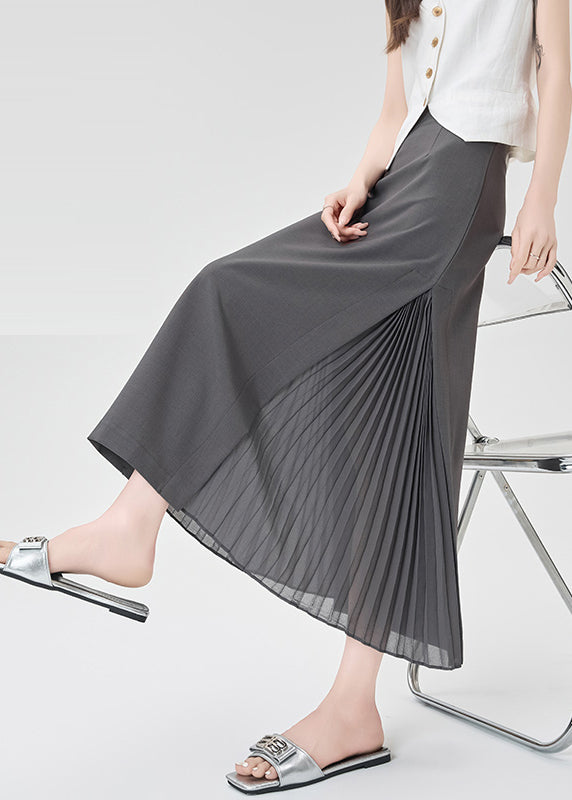 Classy Grey Patchwork Wrinkled Chiffon a Line Skirt Fall