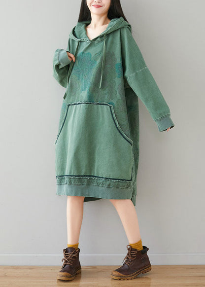 Light Green Sweatshirt Dresses Hooded Drawstring Pockets Spring