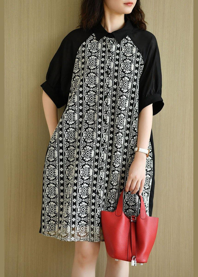 Black Peter Pan Collar Button Patchwork Summer Cotton Dresses Half Sleeve