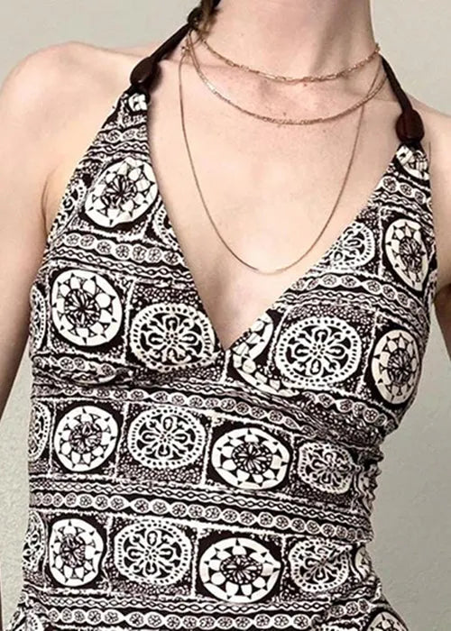 V Neck Print Backless Lace Up Cotton Tank Sleeveless