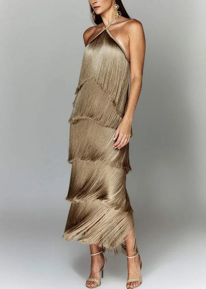 Stylish Brown Tasseled Backless Silk Halter Dress Summer