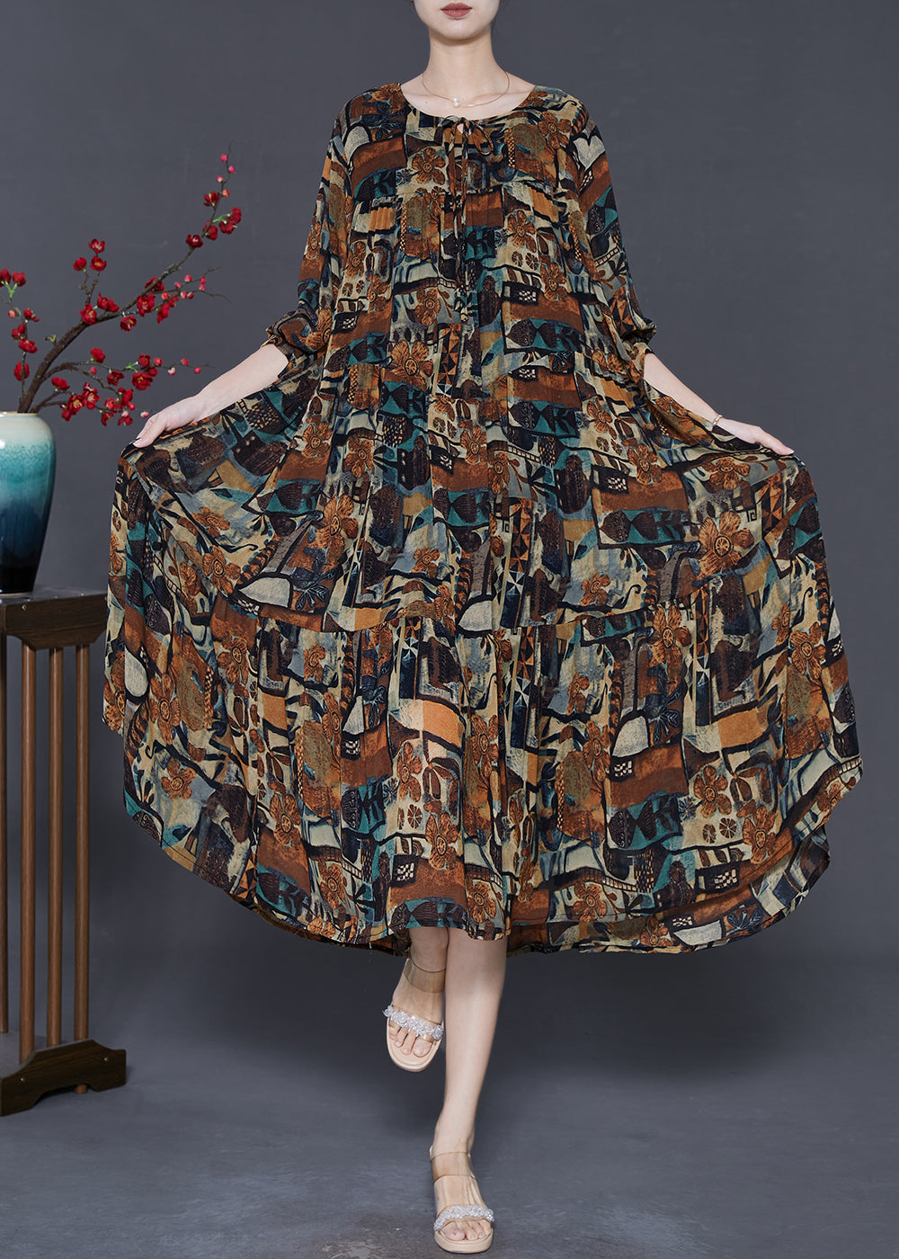 Brown Oversized Print Chiffon Vacation Dresses Fall