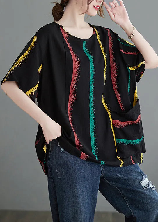 Black O-neck Big Pocket Print Tank Tops Short Sleeve