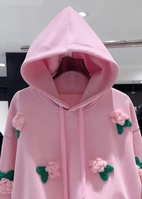 Loose Pink Hooded Drawstring Cotton Pullover Sweatshirt Fall