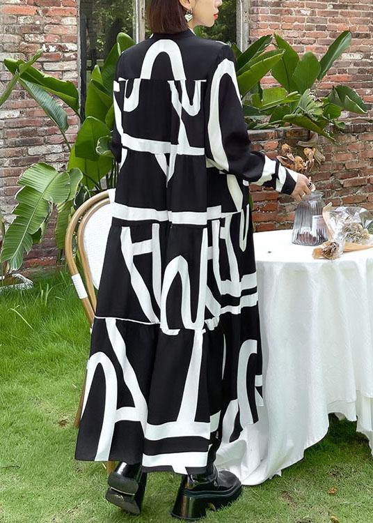 Italian Black Patchwork Button Print Fall Long Sleeve Party Dress