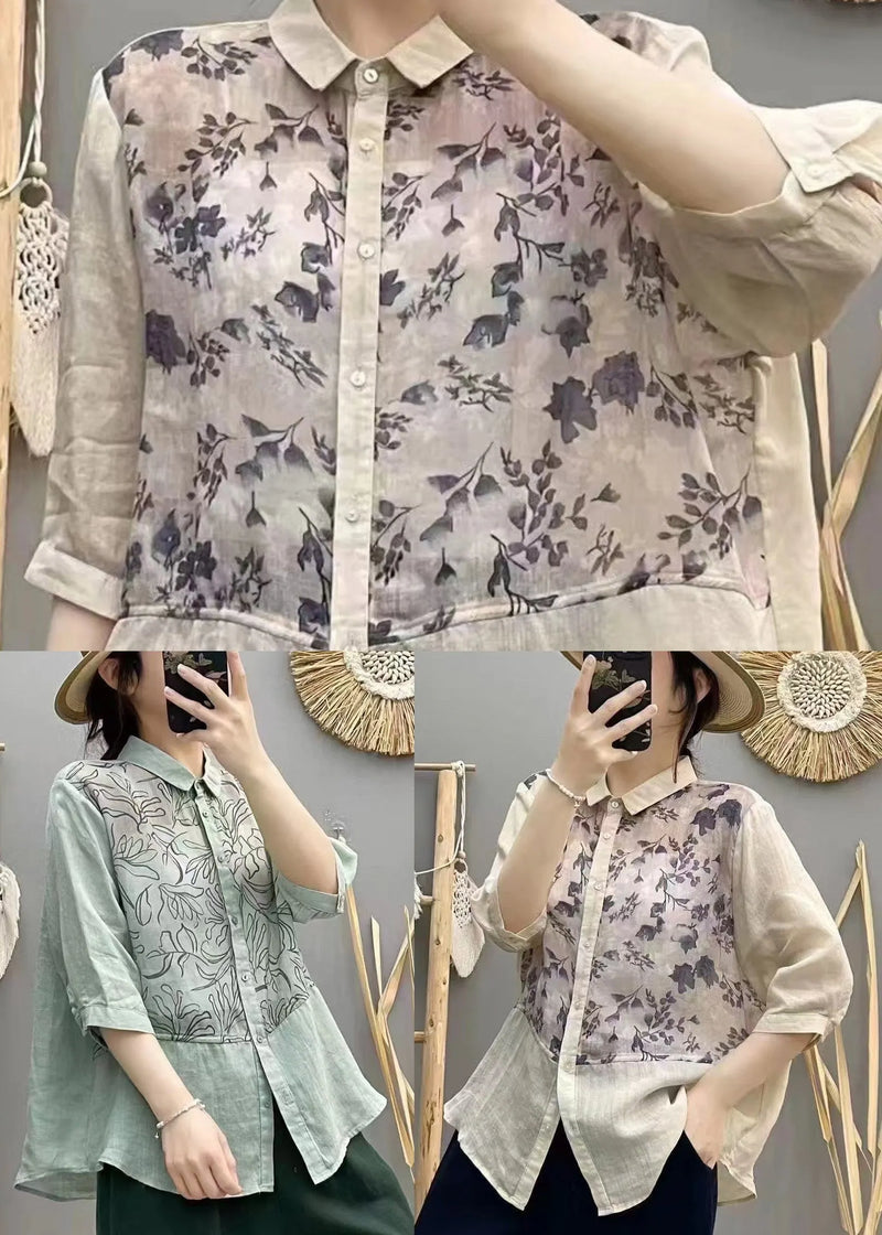 Apricot Print Patchwork Linen Blouse Top Summer