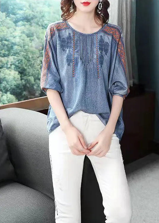 French Blue O-neck Embroideried Cotton Shirt Top Lantern Sleeve