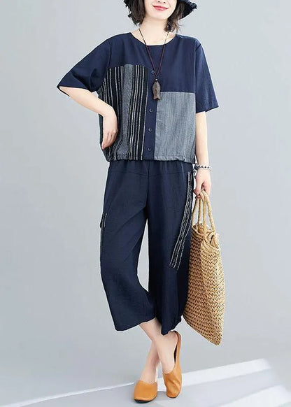 Grey Patchwork Print Two Piece Set Clothing Summer Linen