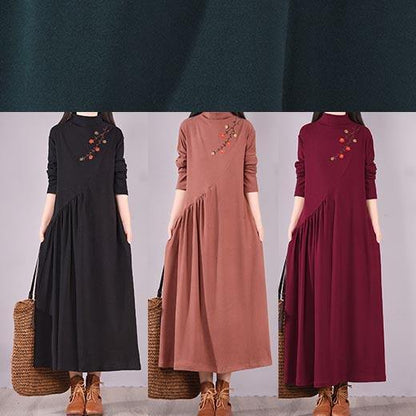 High Neck Cinched Spring Clothes Tutorials Black Embroidery Long Dresses