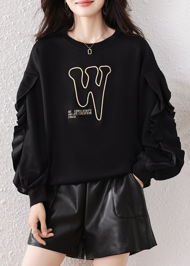 Black Ruffled Embroidered Cotton Pullover Fall