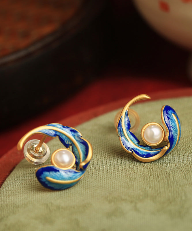 Colorblock Copper Alloy Pearl Feather Hoop Earrings