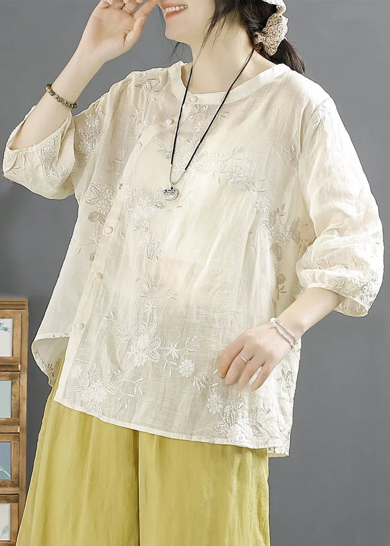 Beige Embroideried Button Linen Shirt Top Fall