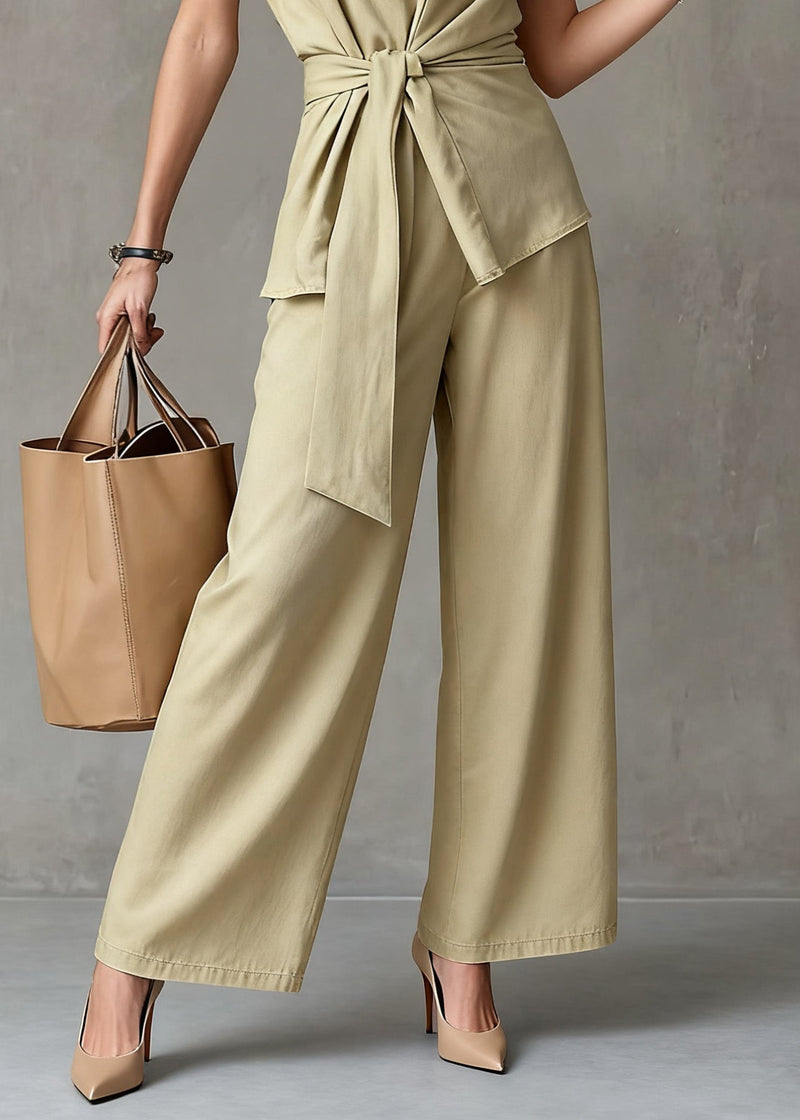 New Yellow V Neck Tie Waist Tops and Wide Leg Pants Linen Two Pieces Set Summer