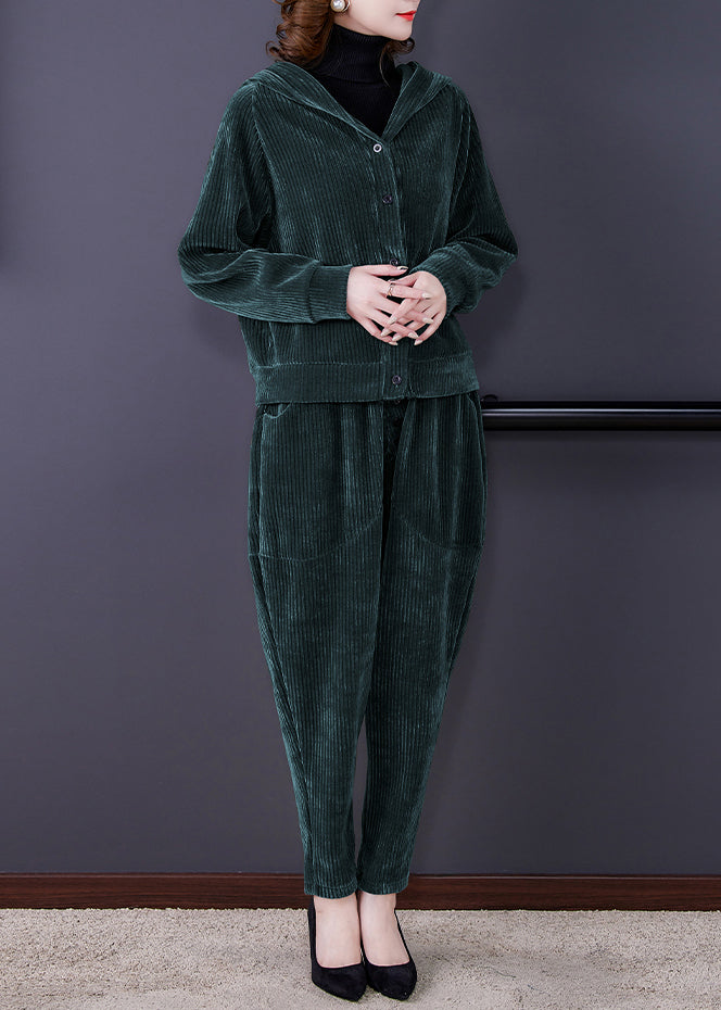 Loose Green Button Hooded Corduroy Coats and Harem Pants Two Pieces Set Long Sleeve