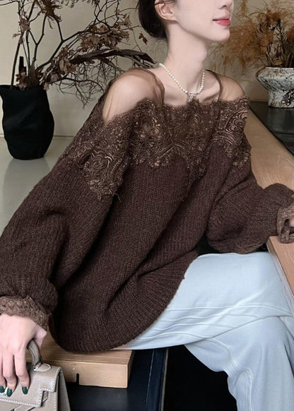 Diy Brown Oversized Lace Patchwork Knit Pullover Spring