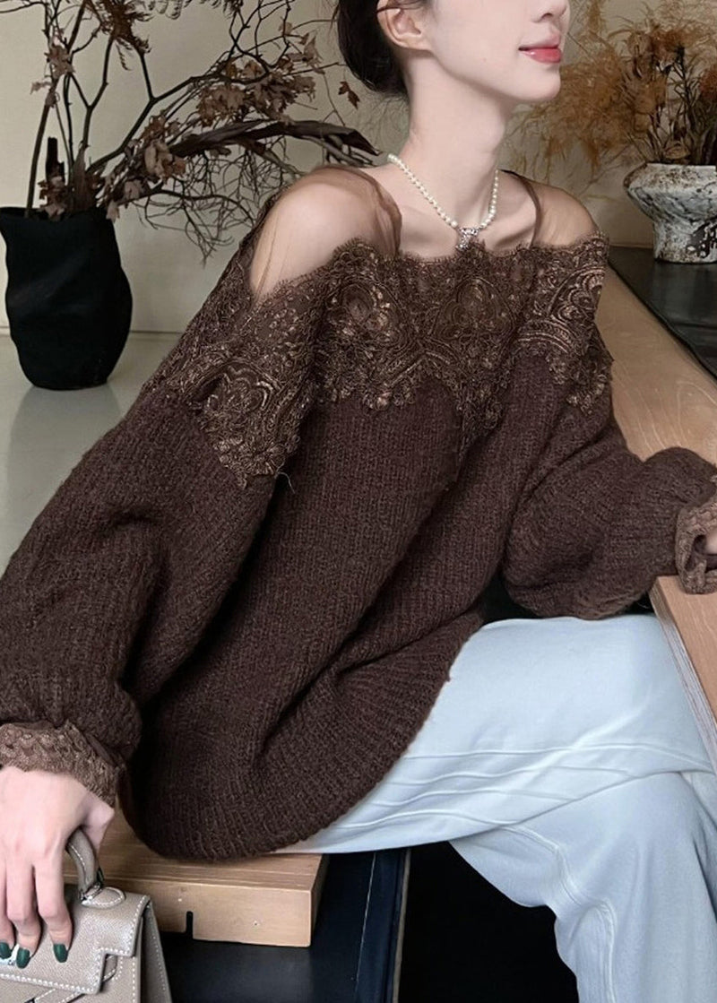 Diy Brown Oversized Lace Patchwork Knit Pullover Spring