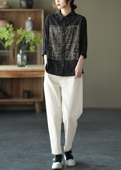 Black Peter Pan Collar Print Cotton Shirt Tops Long Sleeve