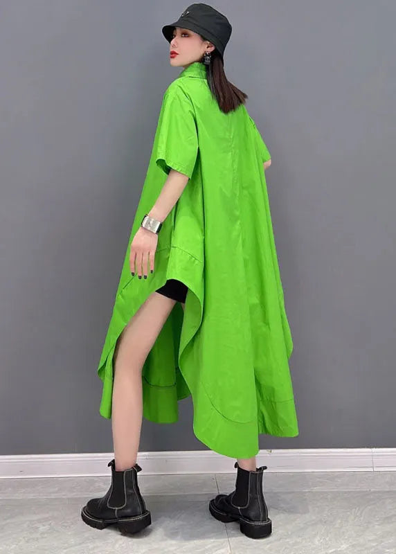 Green Asymmetrical Design Cotton Long Blouse Tops Short Sleeve