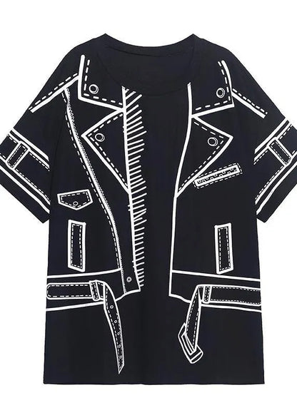 Black Graphic O-neck Cotton Shirt Top