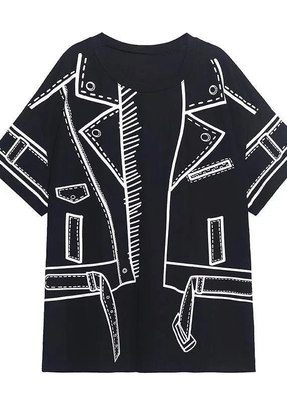 Black Graphic O-neck Cotton Shirt Top