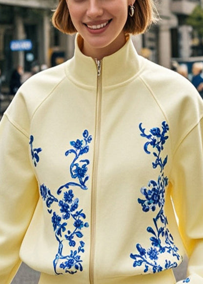 Yellow Stand Collar Print Cotton Jacket Fall