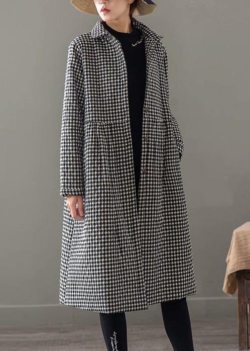 Iapel Pockets Fine Clothes for Black Plaid Tunic Coat