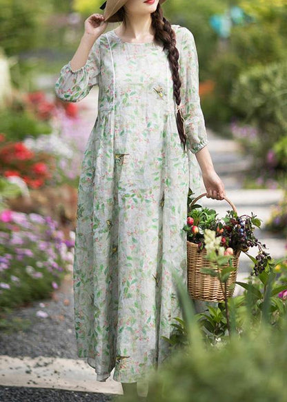 Diy Green Leaves Quilting Dresses O Neck Lantern Sleeve Robes Summer Dresses