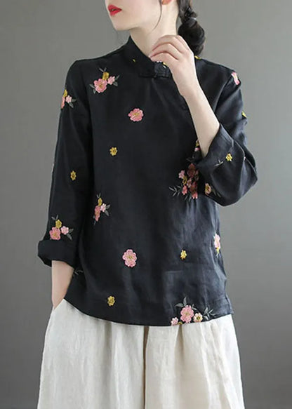 Black Stand Collar Embroideried Linen Shirt Long Sleeve