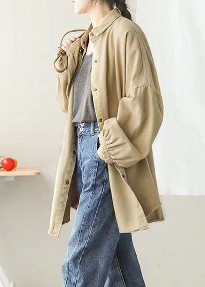Khaki Peter Pan Collar Pockets Button Mid Coat Lantern Sleeve
