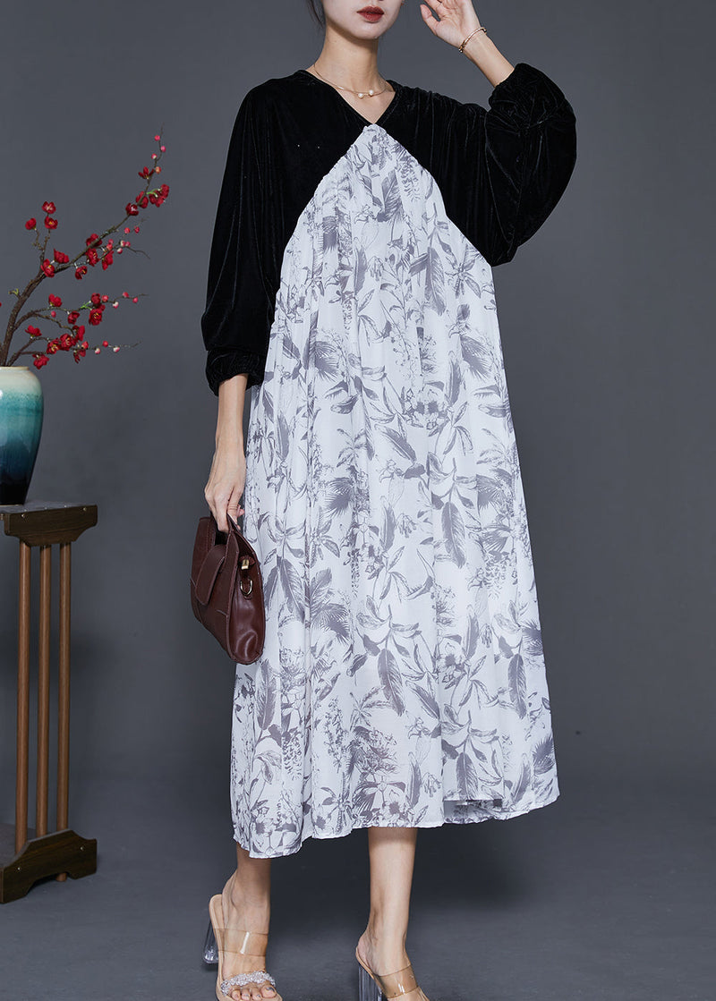 White Oversized Patchwork Silk Velour Chiffon Dress Spring