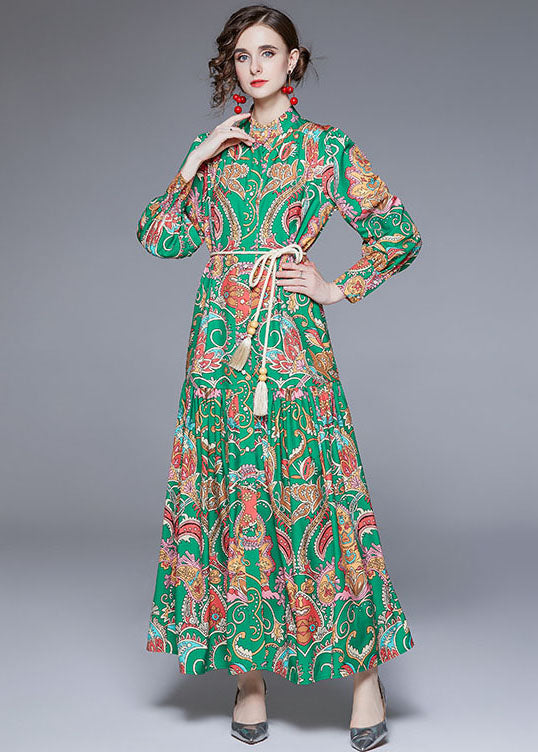 Diy Green Stand Collar Print Wrinkled Sashes Chiffon Holiday Dress Fall