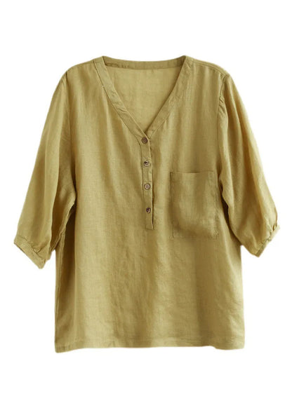 Yellow Green V Neck Button Color Linen Shirts Bracelet Sleeve