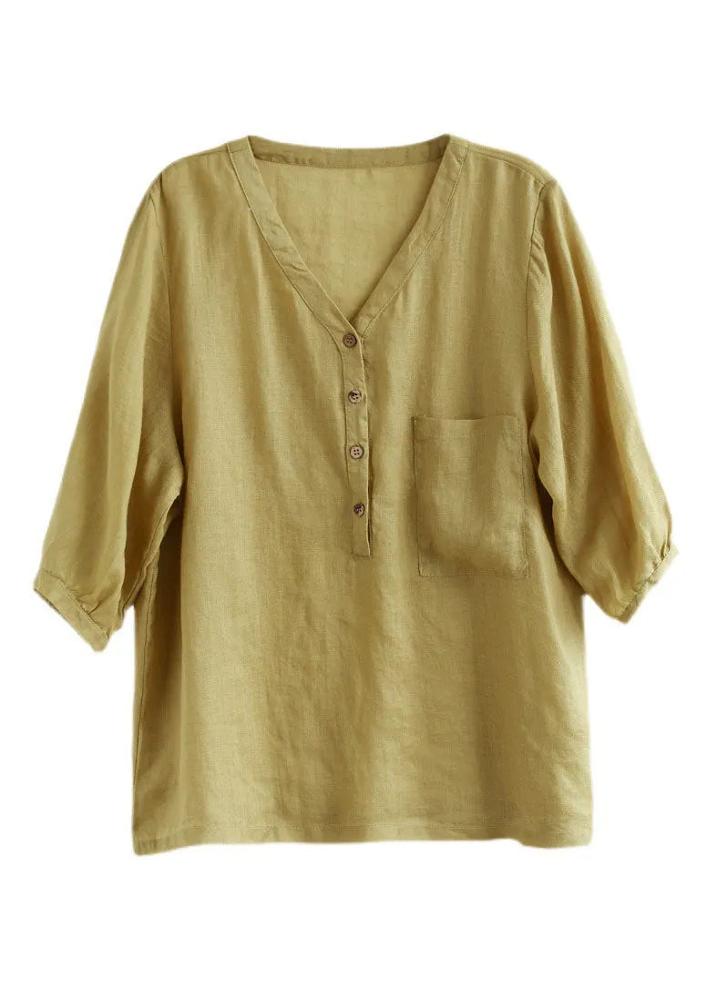 Yellow Green V Neck Button Color Linen Shirts Bracelet Sleeve