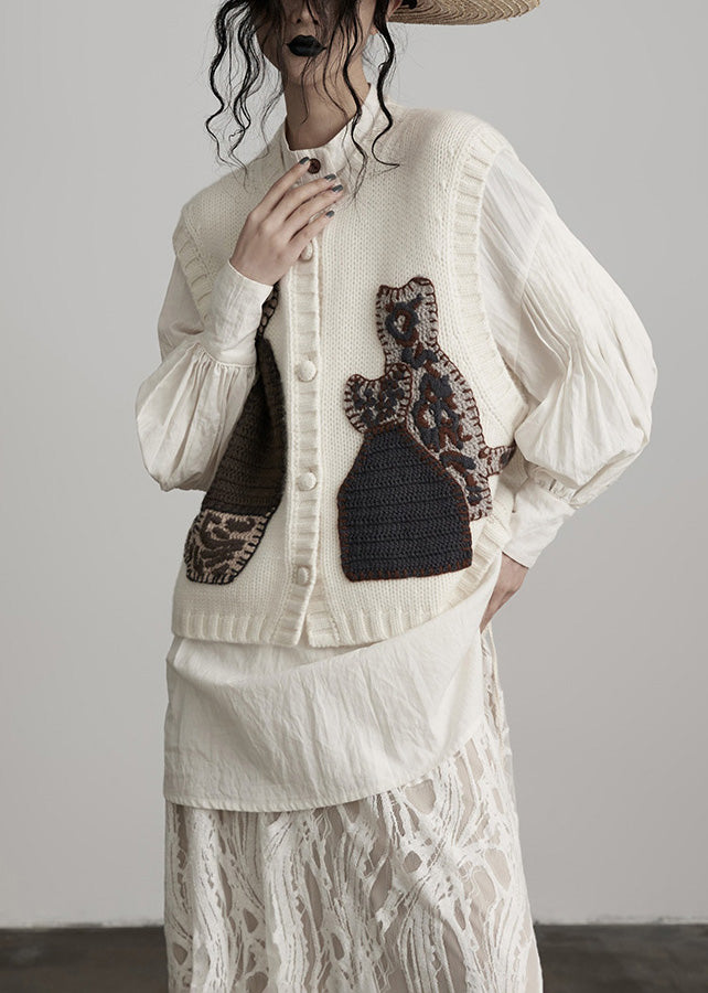 White Embroideried Wool Knit Vests Spring