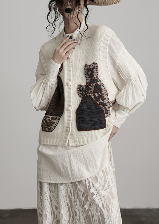 White Embroideried Wool Knit Vests Spring